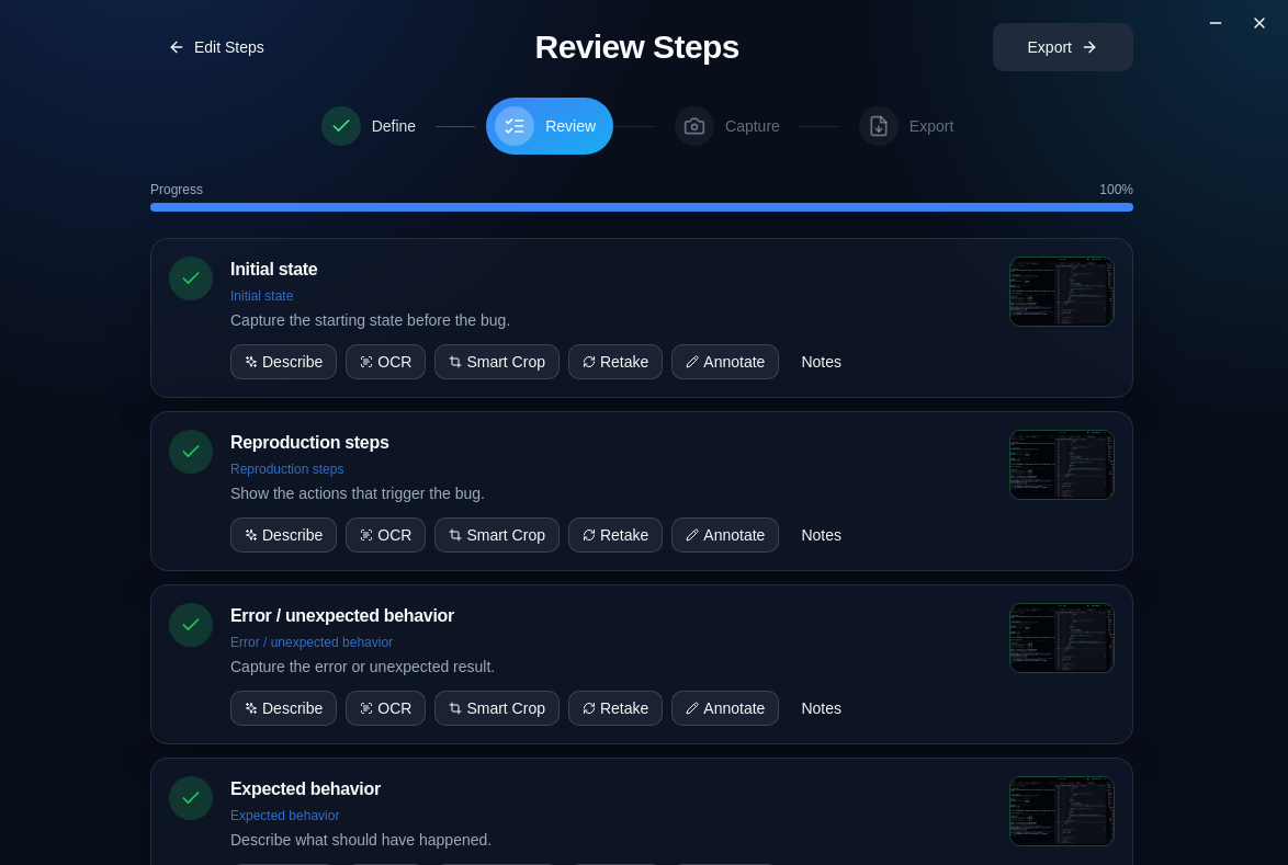 Reviewing completed NullDraft steps and screenshots